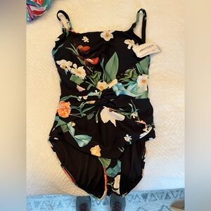 Jantzen Black Floral Twist Front One Piece Size 8